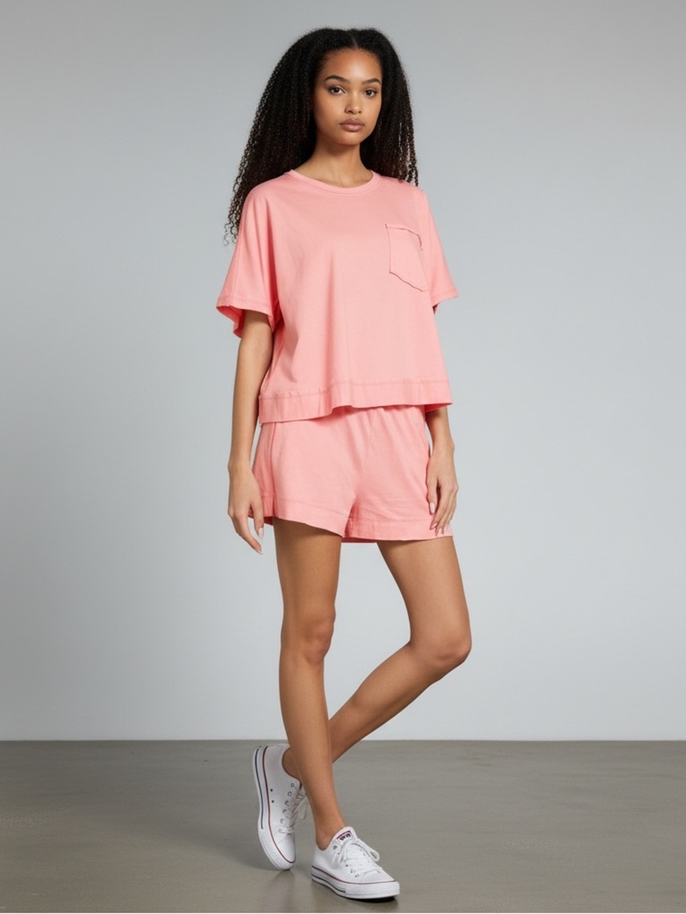 1519 • Pink Cotton Tee & Slant Pocket Shorts w/Raw Edge Details 2 Piece Set